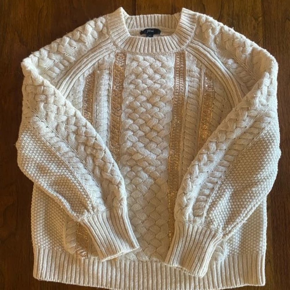 J. CREW IVORY CABLEKNIT SEQUIN SWEATER SIZE MEDIUM